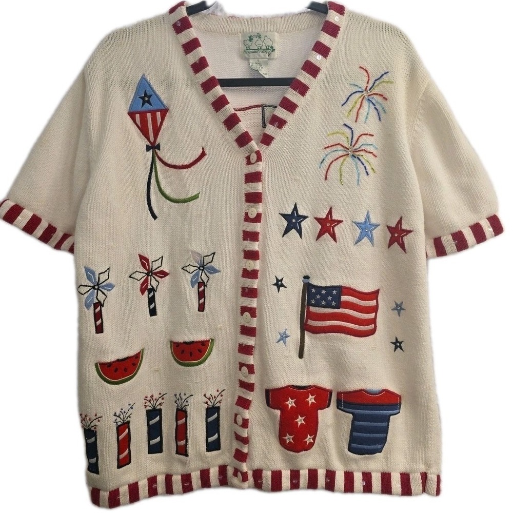 The Quacker‎ Factory Vintage Short Sleeve Cardigan 4th Of July USA Fireworks Lg
